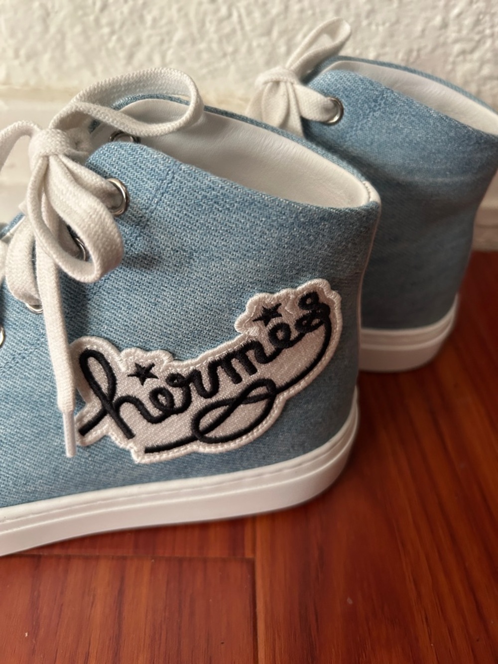Hermes Denim Blue and White High-Top Sneakers - Picture 5 of 8